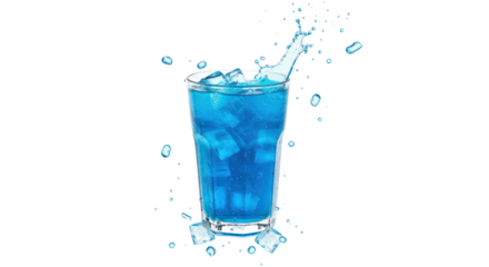 Blue Liquid Splashing From Glass With Ice Cubes On Transparent Background