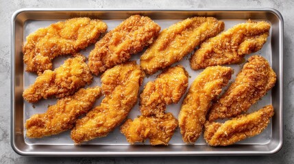 Boneless, raw breaded chicken breasts coated in seasoned flour, lined evenly on a shiny stainless steel tray, ready for cooking.