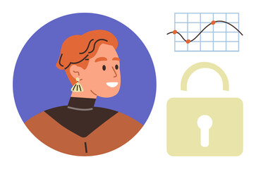 Person with short red hair in profile, data chart with rising trend, and locked padlock. Ideal for data security, personal identity, analytics, trust, privacy technology and modern concepts. Simple