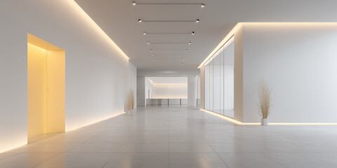 Obraz premium Büro, Flur, weiße Wand, sauber und einfach, das Gesamtbild ist fortschrittlich, hellgelber Boden, sanfte Beleuchtung, minimalistische Decke, minimalistischer Stil, leerer Raum