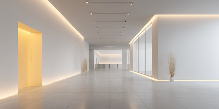 B&uuml;ro, Flur, wei&szlig;e Wand, sauber und einfach, das Gesamtbild ist fortschrittlich, hellgelber Boden, sanfte Beleuchtung, minimalistische Decke, minimalistischer Stil, leerer Raum