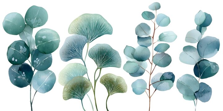Watercolor eucalyptus leaves clipart set, soft blue and green tones, simple, white background,