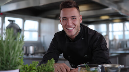 Young man cooking in kitchen smiling happily with fresh herbs