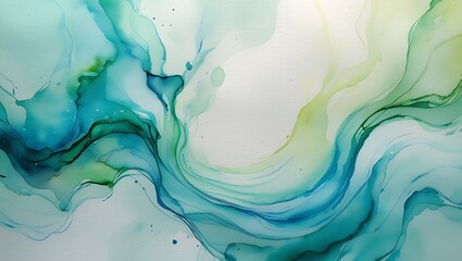 Abstract watercolor background in shades of blue and green with fluid ink effects and artistic style