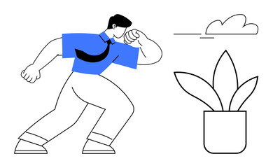 Businessman in blue shirt and tie striking a confident pose near a potted plant. Ideal for leadership, growth, success, business strategy, decision-making, motivation, personal growth. Clean flat
