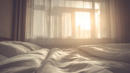 Stylish hotel room with crisp linens and morning sunlight filtering through sheer curtains.