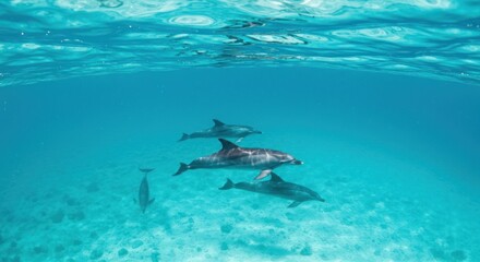 Pod of Dolphins Swimming in Clear Turquoise Ocean Water