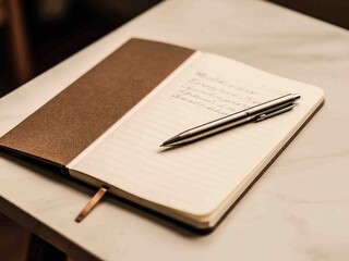 A stylish image of an open notebook with handwritten notes and a sleek silver ballpoint pen resting on a lined page. The setup is placed on a marble table, exuding a minimalist and warm aesthetic