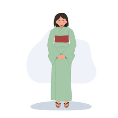 A young Japanese woman wearing a green yukata bows respectfully.