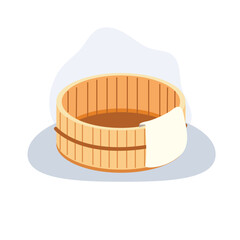 japanese bath bucket wooden tub with towel