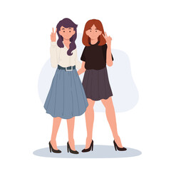 two young stylish women smiling with peace signs