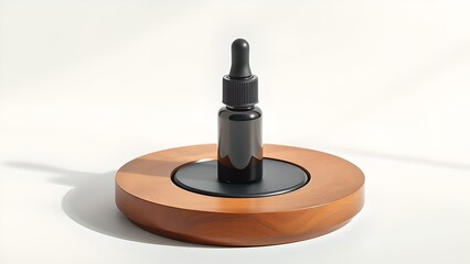 Dark glass dropper bottle on a wooden stand isolated on white background