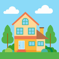 Fototapeta premium House in a garden with green lawns vector on landscape background.