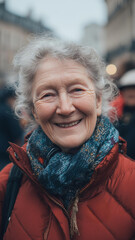 Close up of elderly woman smiling warmly outdoors, wearing red jacket and colorful scarf, with lively city street background