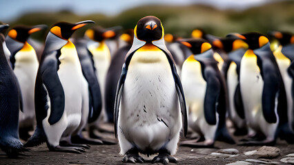 group of penguins , Striking King Penguins Amidst a Snowy Backdrop on South Georgia Island, Antarctica at Sunset


