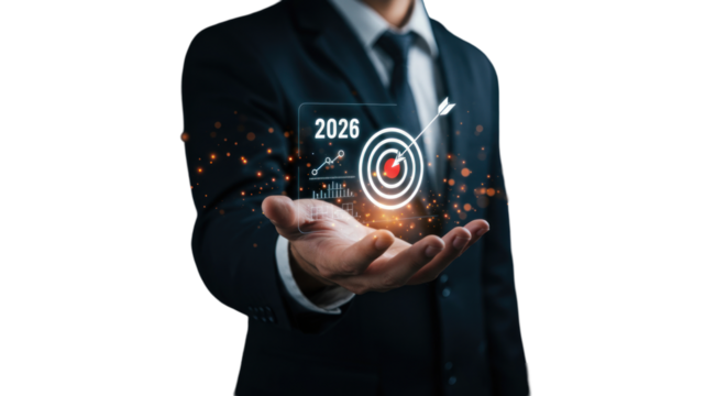 Businessman Presenting A Digital Target Symbolizing Goals And Future Planning Against Black Background