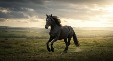 Majestic Black Horse Galloping Freely Across a Grassy Field at Sunset