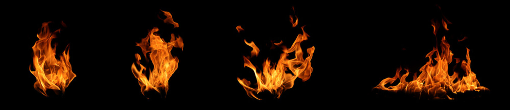 Abstract flames collection isolated on black background. Different burning effects. Flames in the night sky.