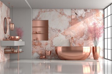 Sleek bathroom with pink marble accents and copper fixtures, with natural light shining