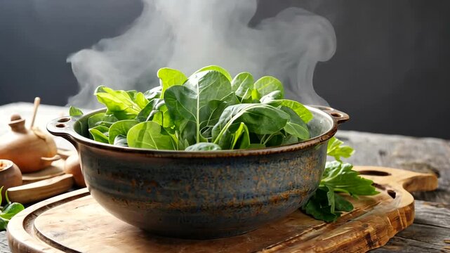 Freshly steamed spinach in a rustic bowl, surrounded by herbs on a wooden cutting board