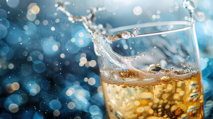 Champagne splash in a glass with bokeh lights