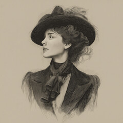 Vintage style portrait of woman wearing wide brimmed hat and elegant attire, exuding timeless charm and grace, with soft, artistic sketch effect