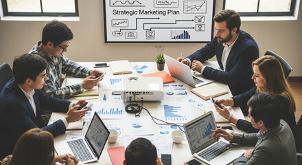 Team meeting around table analyzing data and strategic marketing plan on screen.