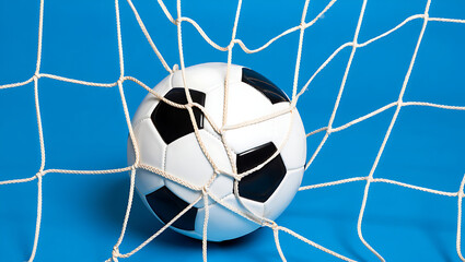 Naklejka premium soccer ball on goal with net background, football player shoot a leather foot ball for make a score, geneative ai