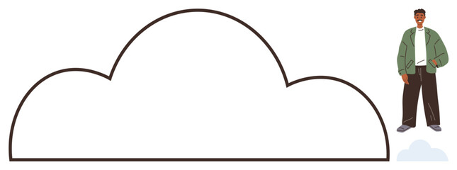 Cloud outline adjacent to a standing person symbolizing imagination, potential, digital technology, and brainstorming. Ideal for innovation, ideas, technology, teamwork, cloud computing creativity