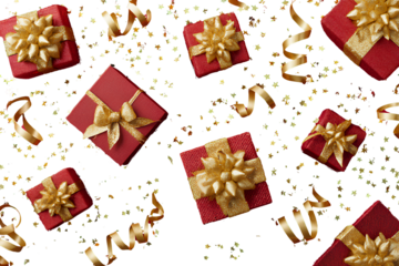 Scattered Red Presents with Metallic Gold Accents and Star Confetti Top Down Flat Lay Arrangement Isolated Cutout Transparent Background PNG