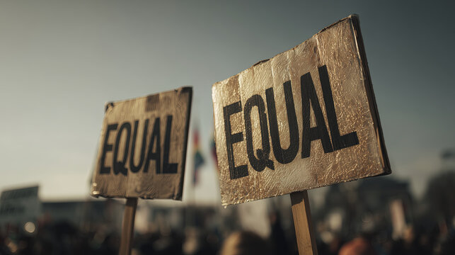Two protest signs with word EQUAL written them held up rally or demonstration, emphasizing equality and equal rights, with blurred background