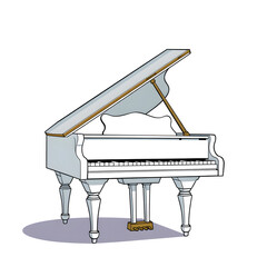 A white grand piano with a black and gold trim