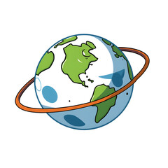 A cartoon drawing of a globe with a blue and green color scheme