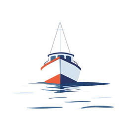 A white boat with red trim is sailing on the water