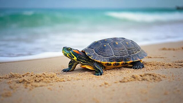 Colorful turtle on a sandy beach near the ocean