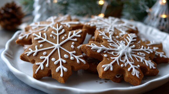 Close up of snowflake shaped gingerbread cookies decorated with white icing on a plate festive treats .