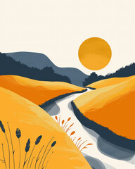 Golden valley river under a setting sun