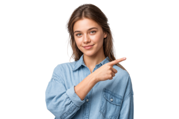 Portrait of a beautiful smiling woman in a casual denim shirt, pointing aside at empty space for advertising. Isolated on transparent background