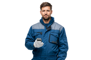 Industrial worker in blue coveralls and gloves holding a mobile phone, using technology for work, isolated on transparent background