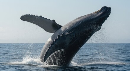 Humpback Whale Breaching, Dramatic Ocean Splash, Blue Water.