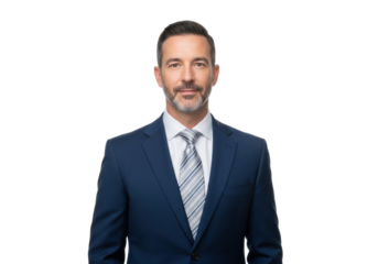 Caucasian man, mid-40s, in dark blue business suit, white shirt, striped tie, confident and professional, standing on transparent studio background with ample copy space, professional corporate