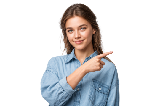 Portrait of a beautiful smiling woman in a casual denim shirt, pointing aside at empty space for advertising. Isolated on transparent background