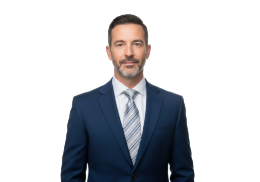 Caucasian man, mid-40s, in dark blue business suit, white shirt, striped tie, confident and professional, standing on transparent studio background with ample copy space, professional corporate