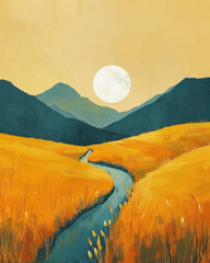 Serene countryside landscape with winding river and setting sun