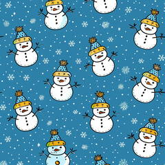 Cute snowman and snowflakes doodle seamless pattern. Perfect for winter wrapping paper, festive textiles, kids' products, holiday cards, and seasonal digital backgrounds.