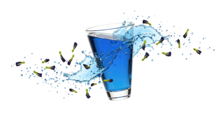 Blue Liquid Bursting From A Transparent Glass Cup With Scattered Floral Elements Against Black Background