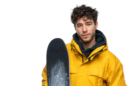 Confident young snowboarder in a yellow winter jacket holding his board. Cool handsome man ready for a winter sports adventure, isolated on transparent background with copy space