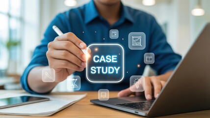 Developing Compelling Case Studies: A person using a stylus on a laptop displaying a "CASE STUDY" interface, illustrating in-depth research, problem-solving, and solution presentation.