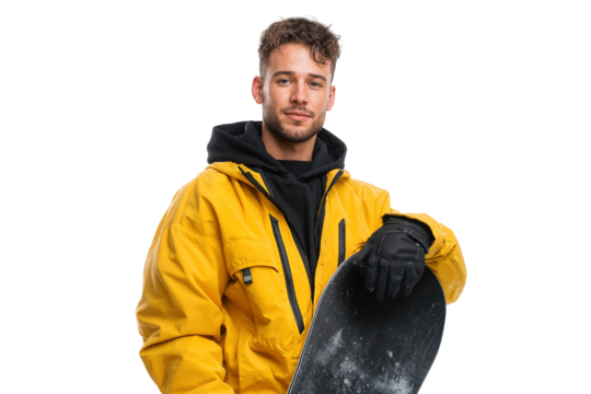 Portrait of a handsome snowboarder holding his board. Friendly athlete ready for a winter adventure in the mountains - Powered by Adobe