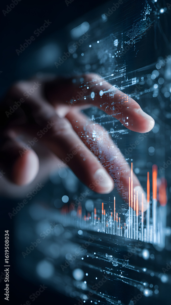 Poster trader s hand gesturing over a digital financial dashboard